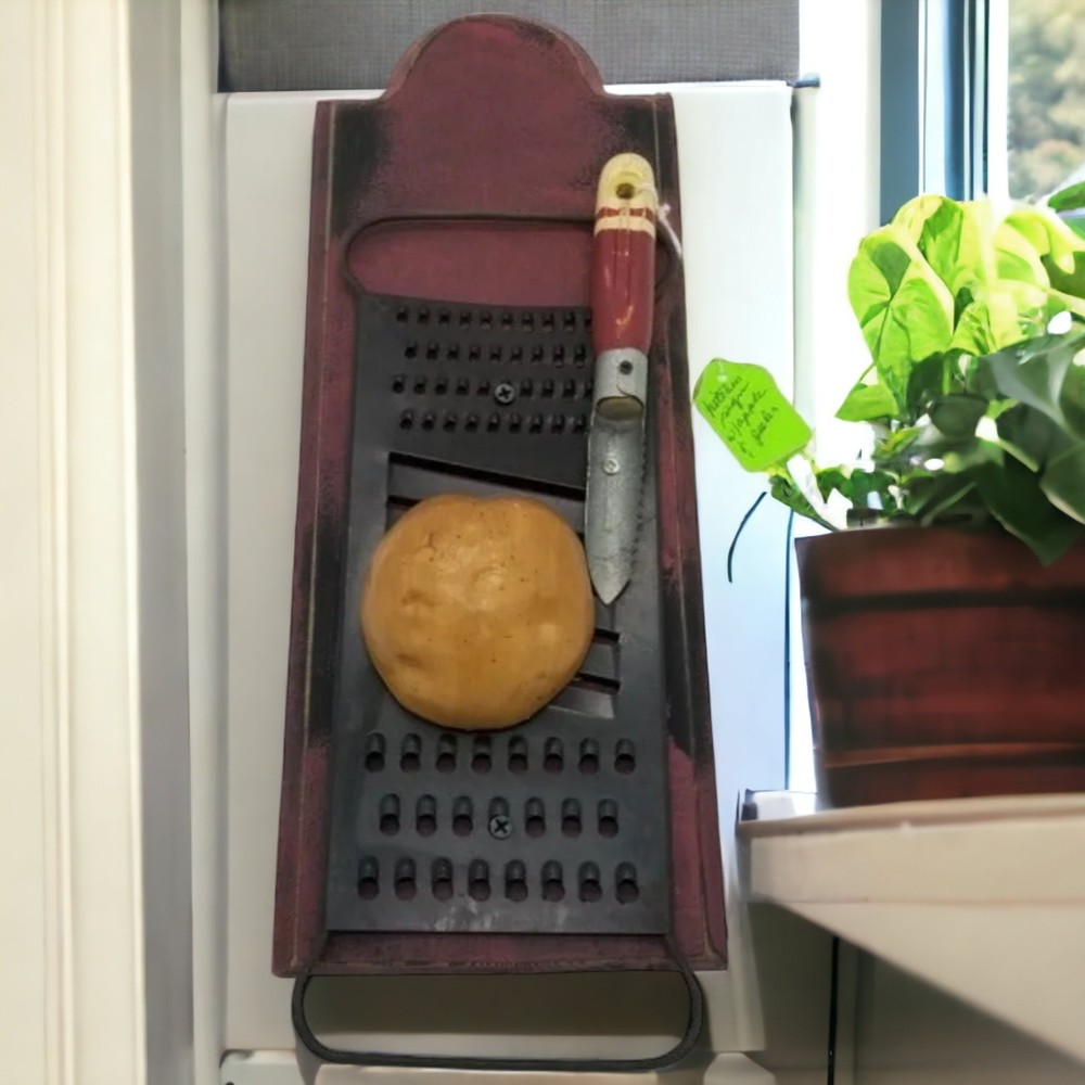 Towel Holder Plaque Vintage Wooden Metal Kitchen Potato Peeler Grater